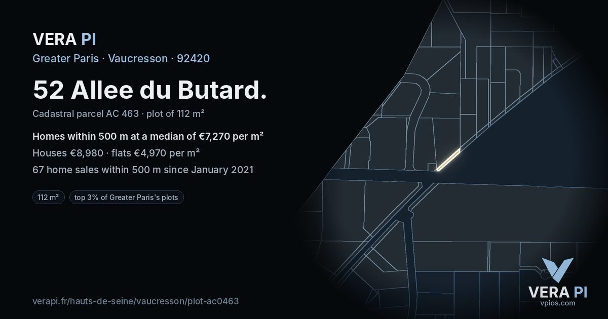 52 Allee du Butard, Vaucresson at night – the plot lit, the parcels around coloured by the prices near them