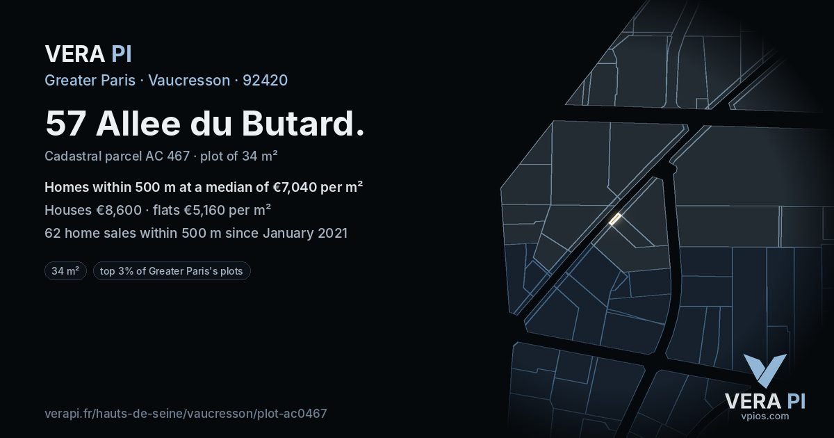 57 Allee du Butard, Vaucresson at night – the plot lit, the parcels around coloured by the prices near them