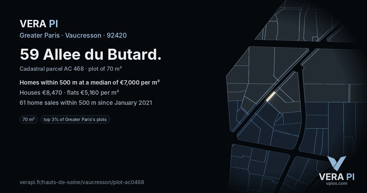 59 Allee du Butard, Vaucresson at night – the plot lit, the parcels around coloured by the prices near them