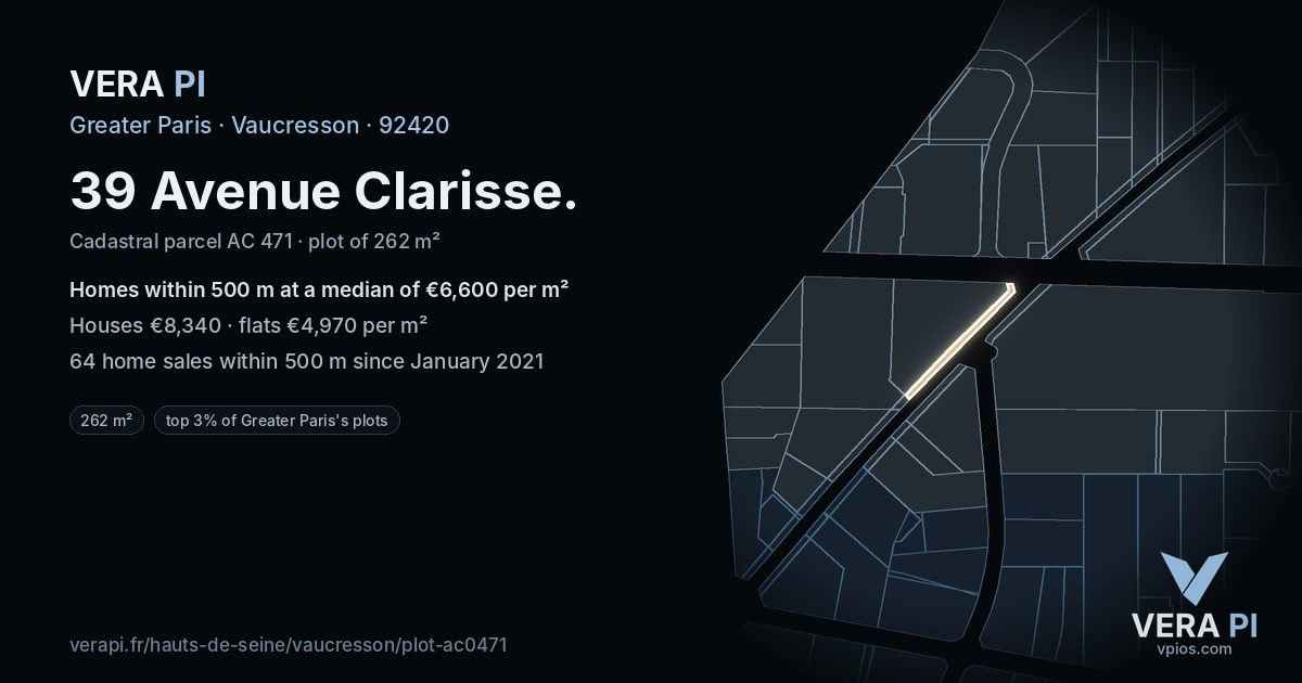 39 Avenue Clarisse, Vaucresson at night – the plot lit, the parcels around coloured by the prices near them