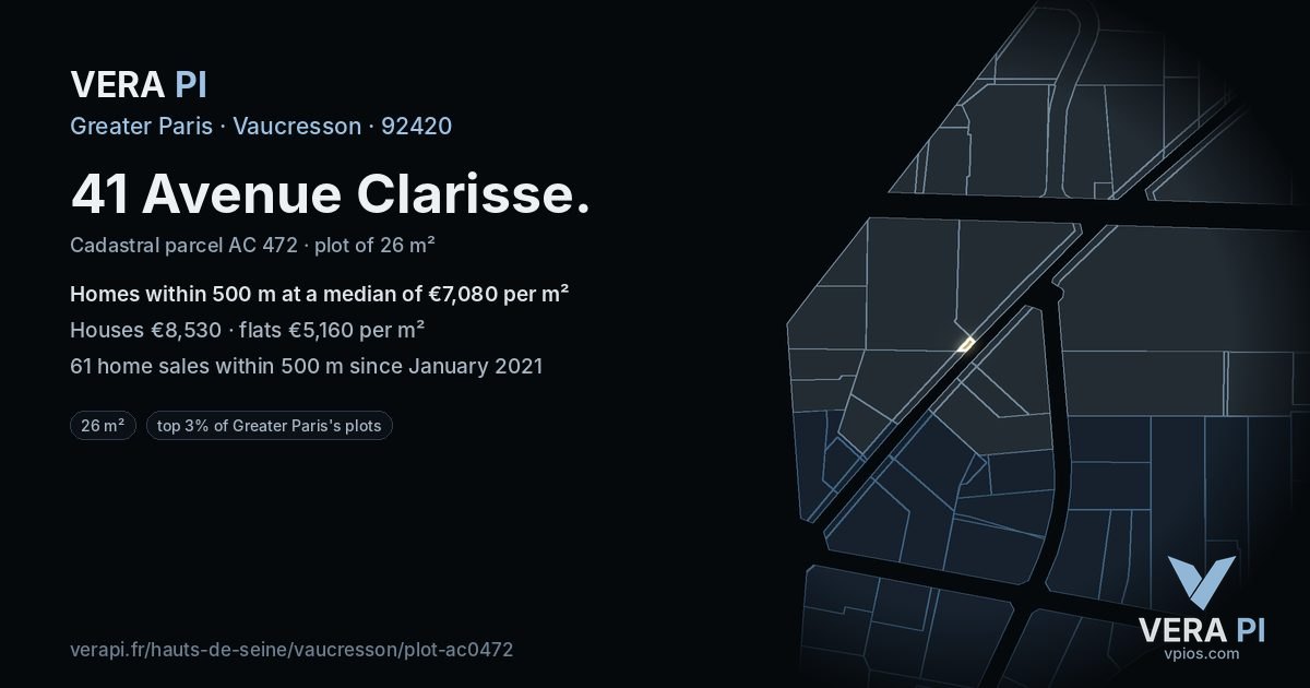 41 Avenue Clarisse, Vaucresson at night – the plot lit, the parcels around coloured by the prices near them