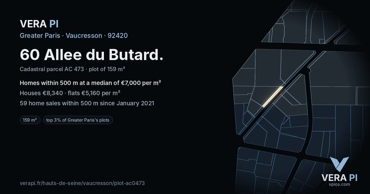 60 Allee du Butard, Vaucresson at night – the plot lit, the parcels around coloured by the prices near them