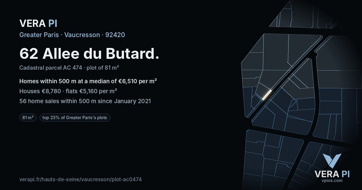 62 Allee du Butard, Vaucresson at night – the plot lit, the parcels around coloured by the prices near them