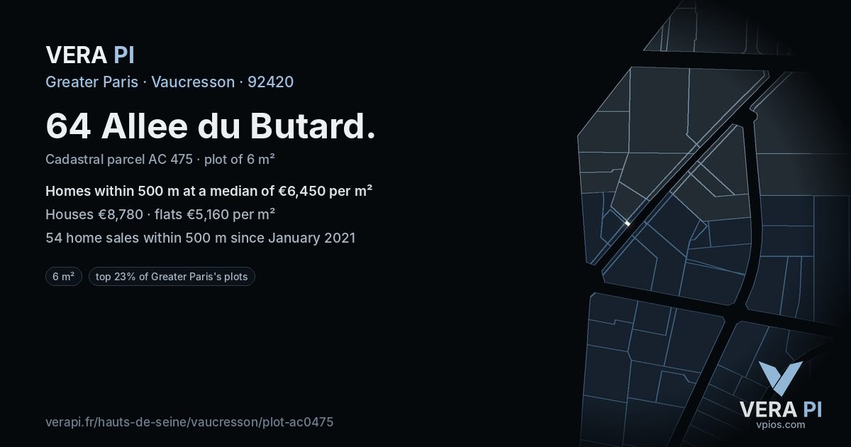 64 Allee du Butard, Vaucresson at night – the plot lit, the parcels around coloured by the prices near them