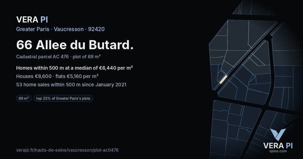 66 Allee du Butard, Vaucresson at night – the plot lit, the parcels around coloured by the prices near them