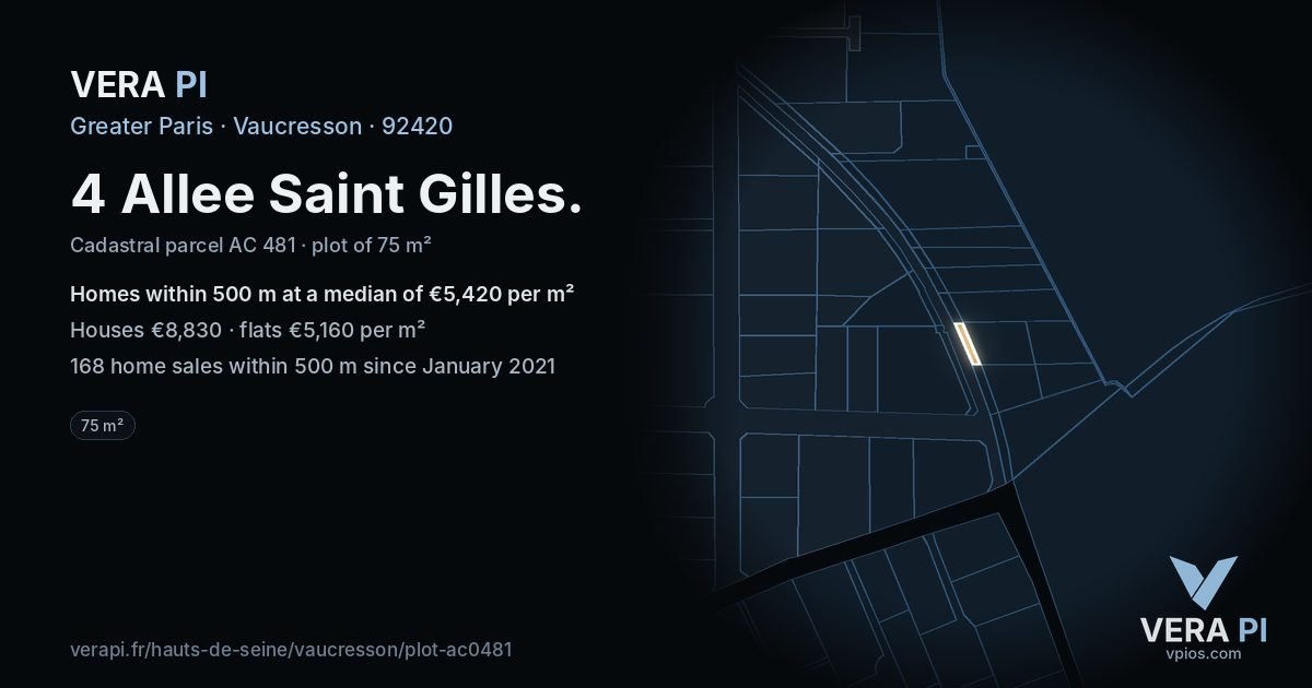 4 Allee Saint Gilles, Vaucresson at night – the plot lit, the parcels around coloured by the prices near them