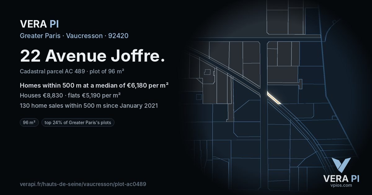 22 Avenue Joffre, Vaucresson at night – the plot lit, the parcels around coloured by the prices near them