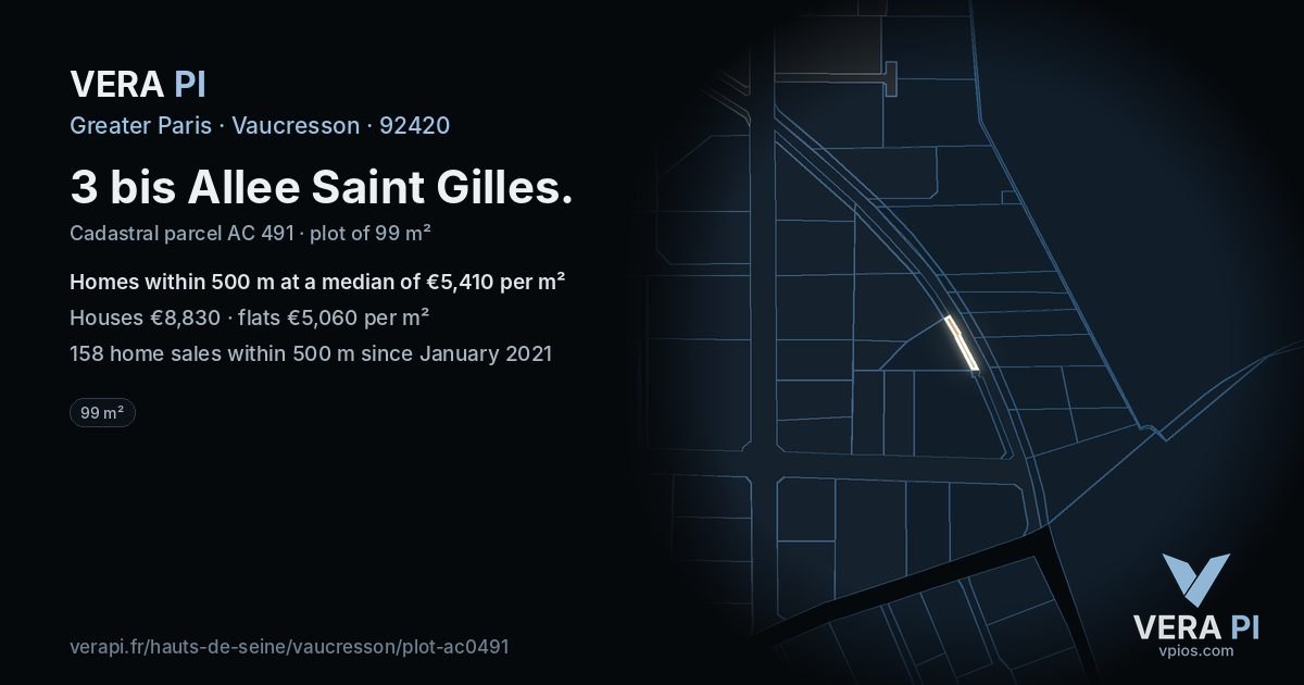 3 bis Allee Saint Gilles, Vaucresson at night – the plot lit, the parcels around coloured by the prices near them