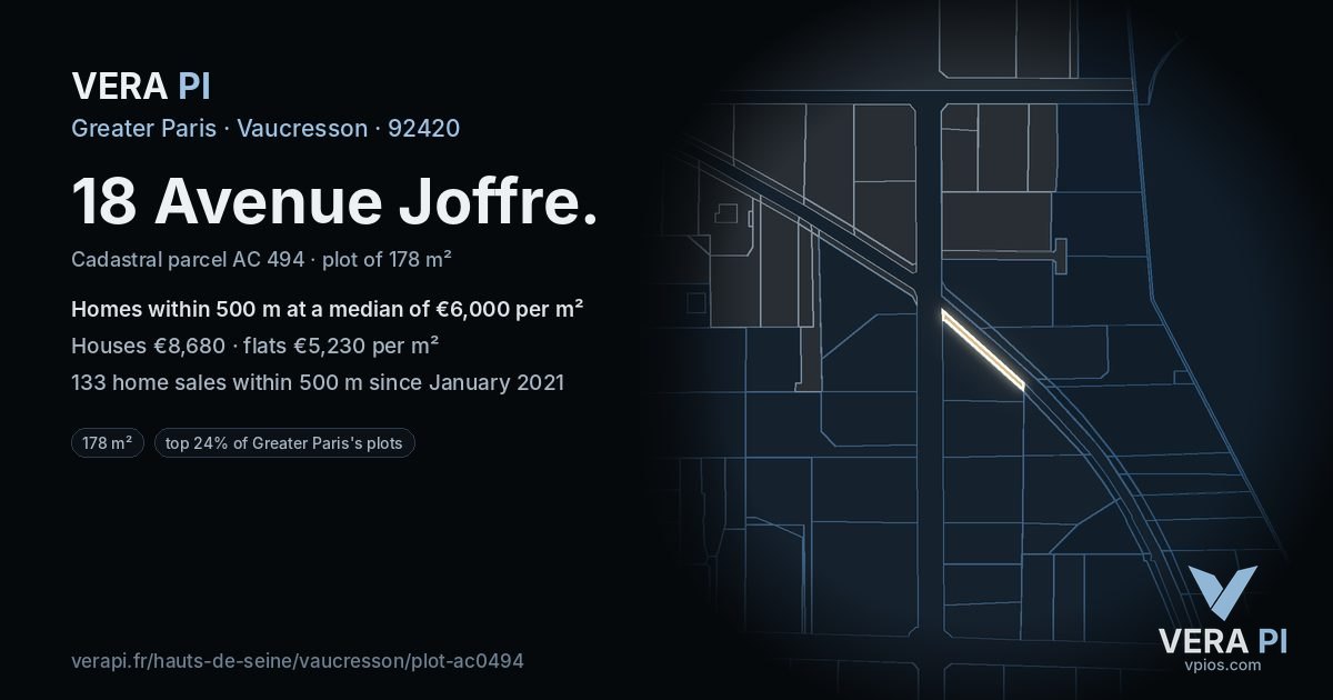 18 Avenue Joffre, Vaucresson at night – the plot lit, the parcels around coloured by the prices near them