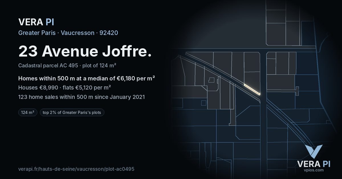 23 Avenue Joffre, Vaucresson at night – the plot lit, the parcels around coloured by the prices near them