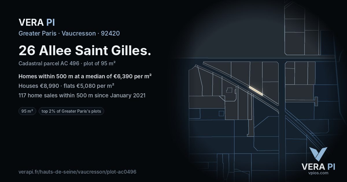 26 Allee Saint Gilles, Vaucresson at night – the plot lit, the parcels around coloured by the prices near them