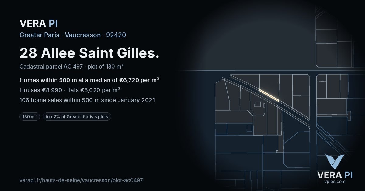 28 Allee Saint Gilles, Vaucresson at night – the plot lit, the parcels around coloured by the prices near them