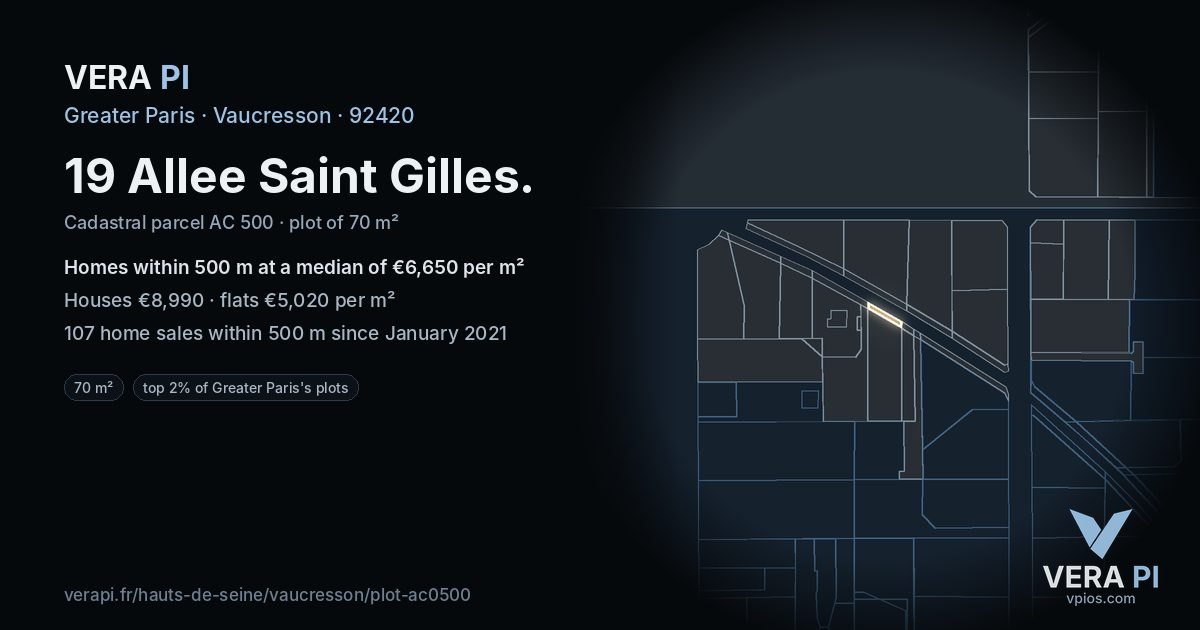 19 Allee Saint Gilles, Vaucresson at night – the plot lit, the parcels around coloured by the prices near them