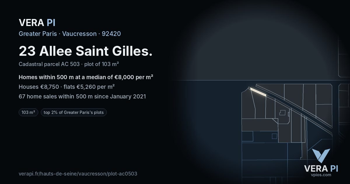23 Allee Saint Gilles, Vaucresson at night – the plot lit, the parcels around coloured by the prices near them