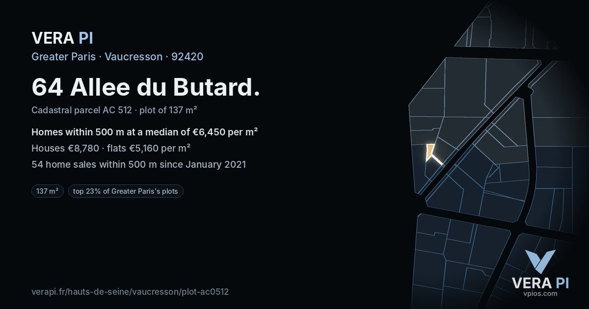 64 Allee du Butard, Vaucresson at night – the plot lit, the parcels around coloured by the prices near them