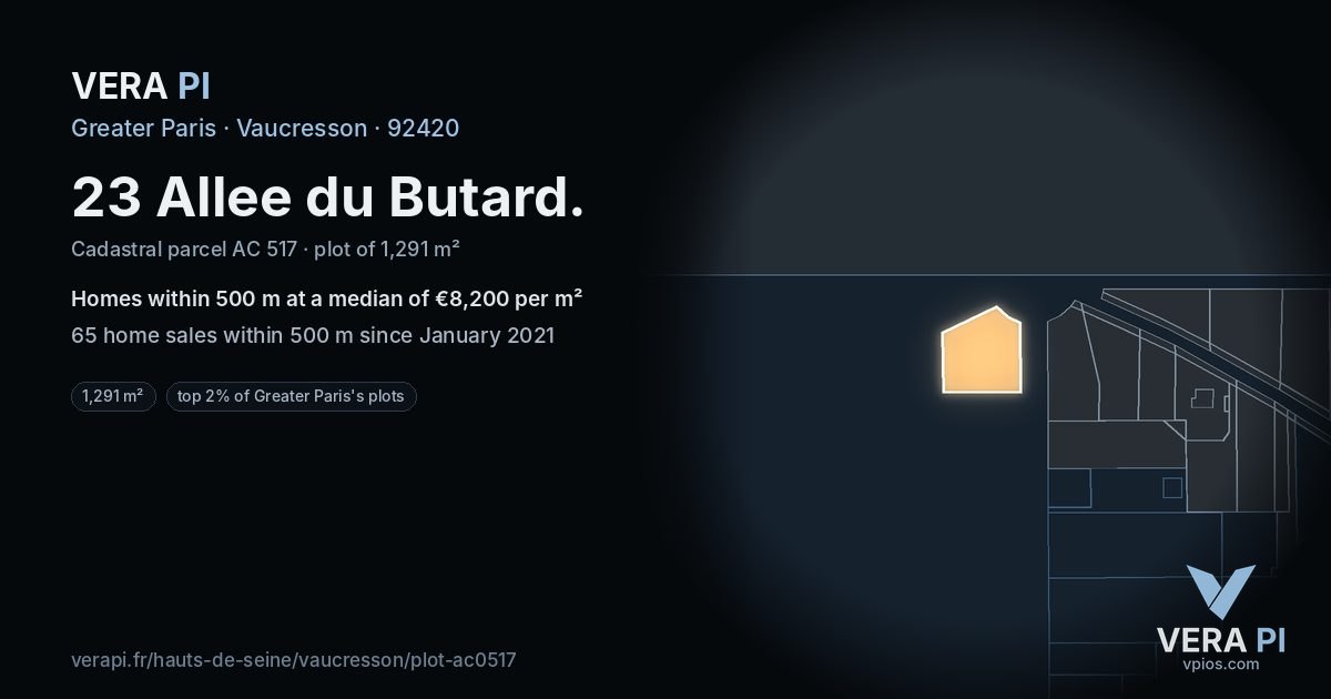 23 Allee du Butard, Vaucresson at night – the plot lit, the parcels around coloured by the prices near them