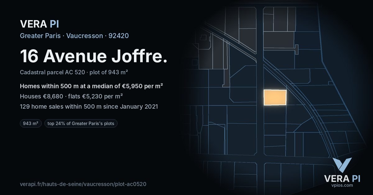 16 Avenue Joffre, Vaucresson at night – the plot lit, the parcels around coloured by the prices near them