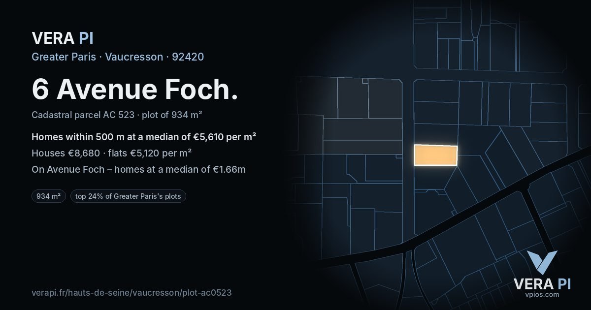 6 Avenue Foch, Vaucresson at night – the plot lit, the parcels around coloured by the prices near them