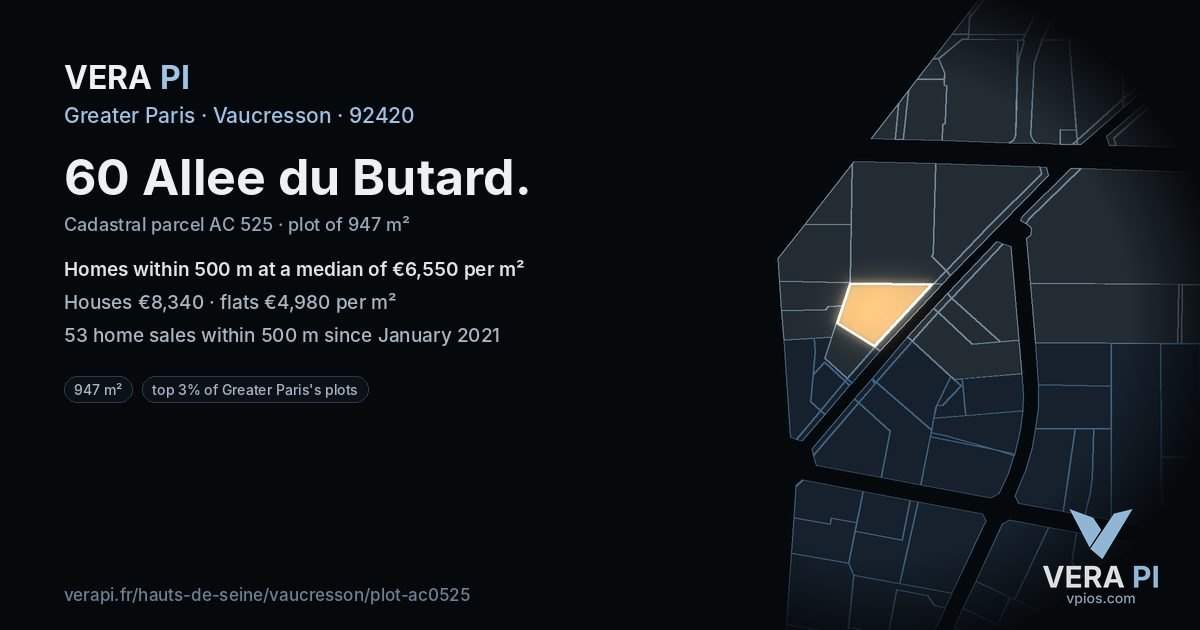 60 Allee du Butard, Vaucresson at night – the plot lit, the parcels around coloured by the prices near them