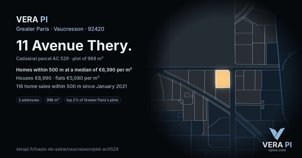 11 Avenue Thery, Vaucresson at night – the plot lit, the parcels around coloured by the prices near them
