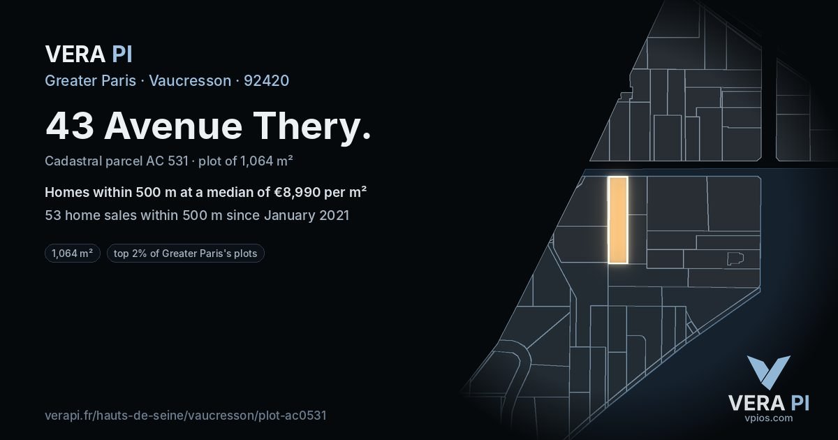 43 Avenue Thery, Vaucresson at night – the plot lit, the parcels around coloured by the prices near them