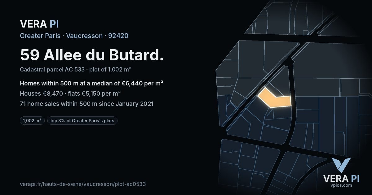 59 Allee du Butard, Vaucresson at night – the plot lit, the parcels around coloured by the prices near them