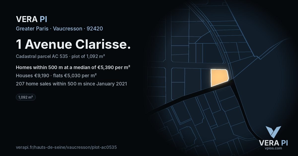 1 Avenue Clarisse, Vaucresson at night – the plot lit, the parcels around coloured by the prices near them