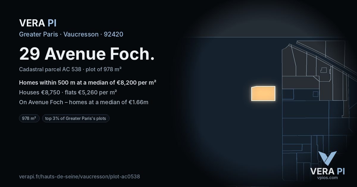 29 Avenue Foch, Vaucresson at night – the plot lit, the parcels around coloured by the prices near them