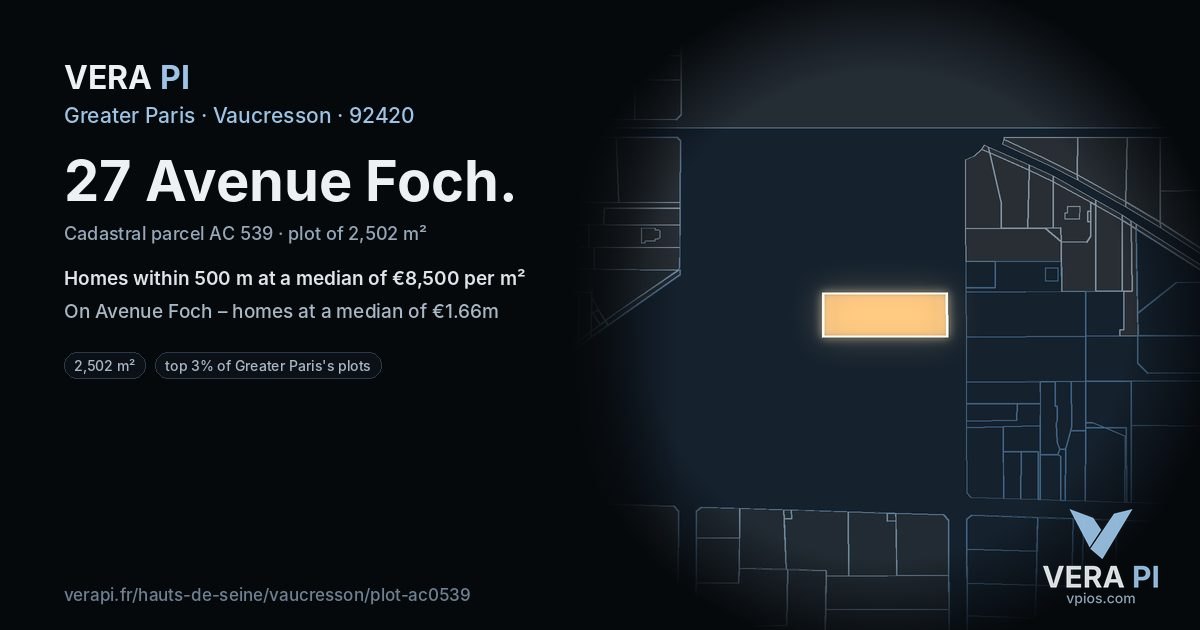 27 Avenue Foch, Vaucresson at night – the plot lit, the parcels around coloured by the prices near them