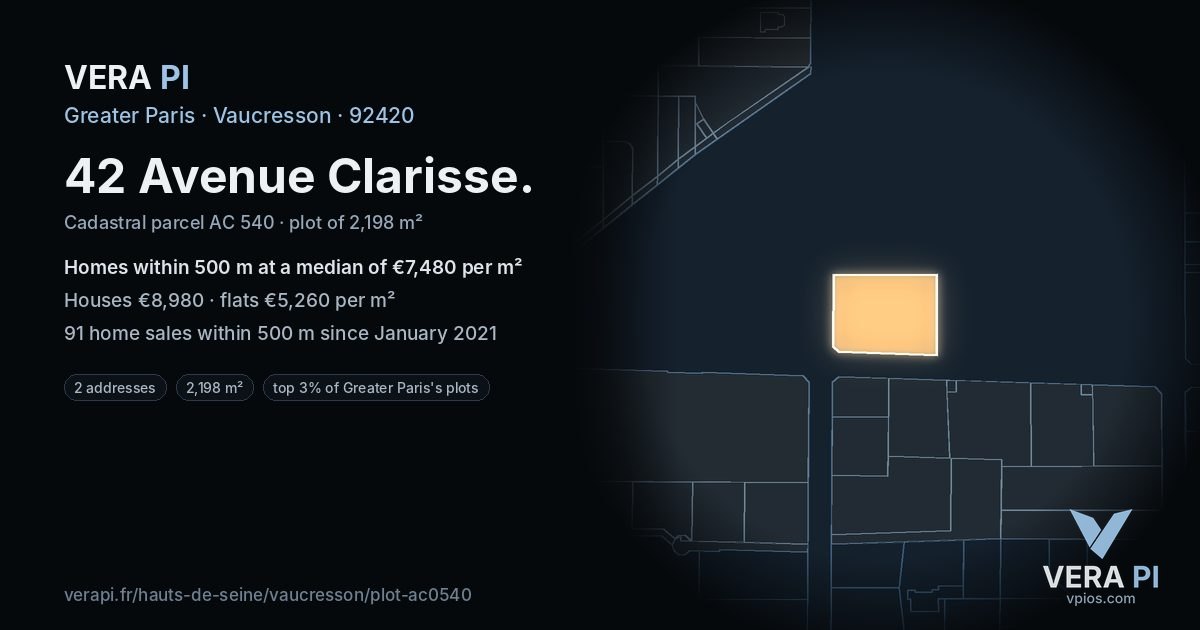 42 Avenue Clarisse, Vaucresson at night – the plot lit, the parcels around coloured by the prices near them