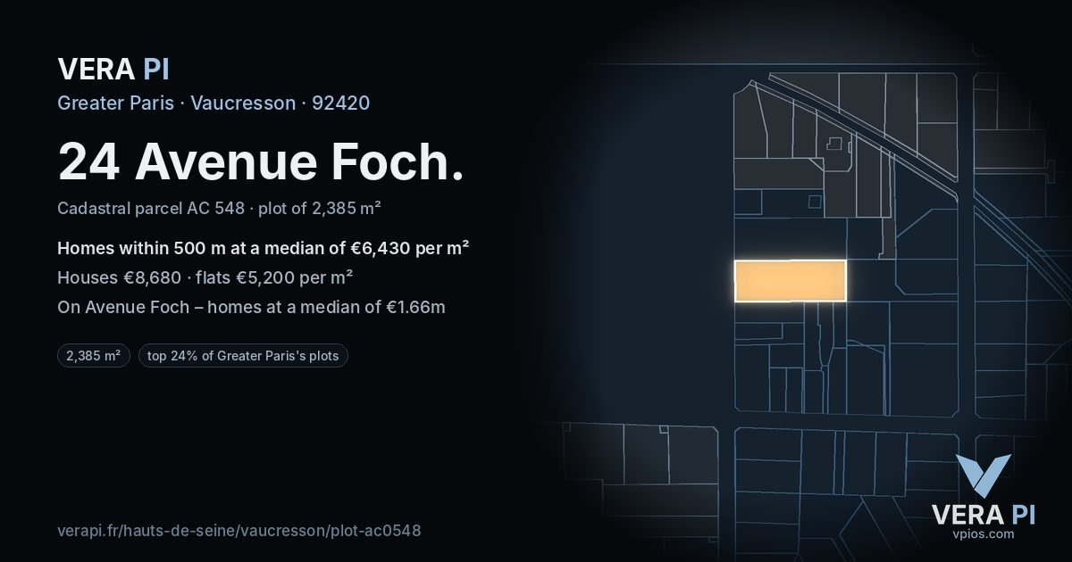 24 Avenue Foch, Vaucresson at night – the plot lit, the parcels around coloured by the prices near them