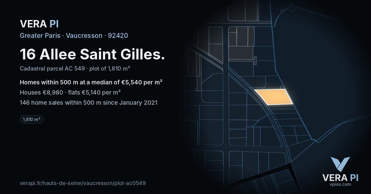 16 Allee Saint Gilles, Vaucresson at night – the plot lit, the parcels around coloured by the prices near them