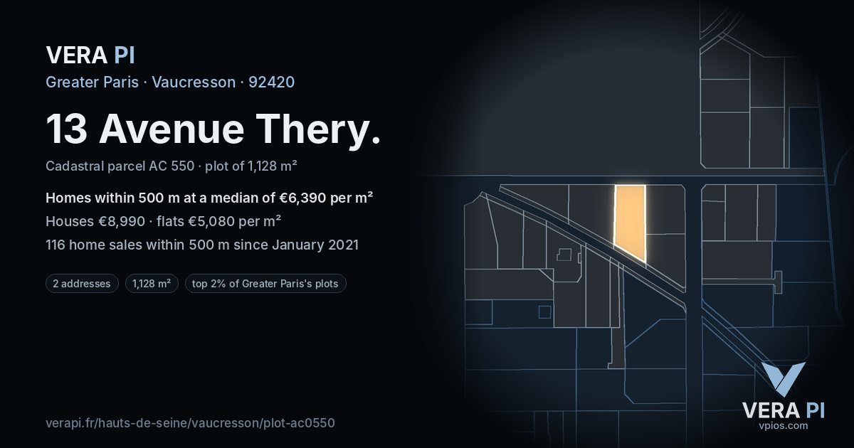 13 Avenue Thery, Vaucresson at night – the plot lit, the parcels around coloured by the prices near them