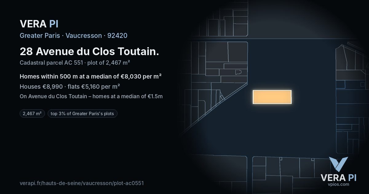 28 Avenue du Clos Toutain, Vaucresson at night – the plot lit, the parcels around coloured by the prices near them