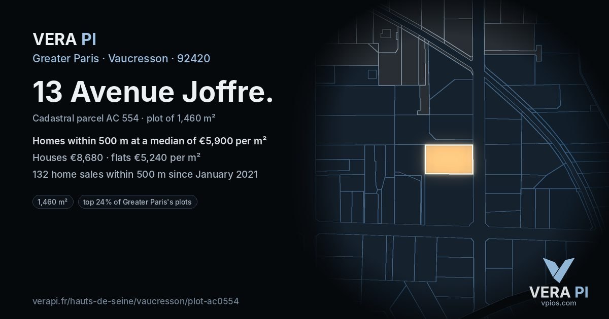 13 Avenue Joffre, Vaucresson at night – the plot lit, the parcels around coloured by the prices near them
