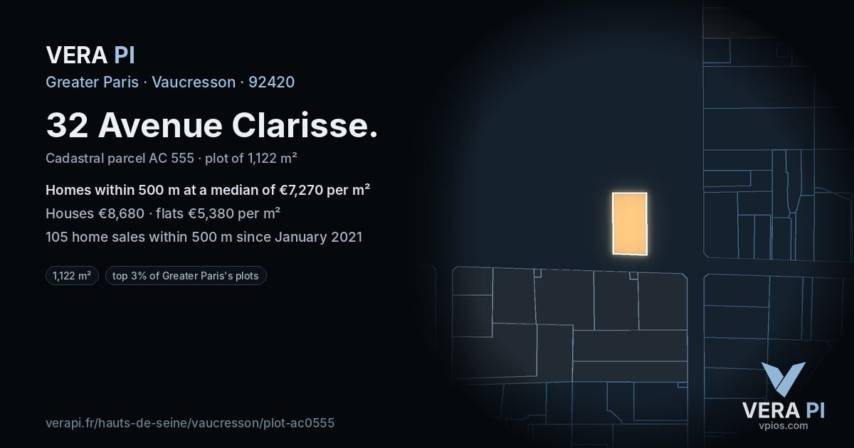 32 Avenue Clarisse, Vaucresson at night – the plot lit, the parcels around coloured by the prices near them