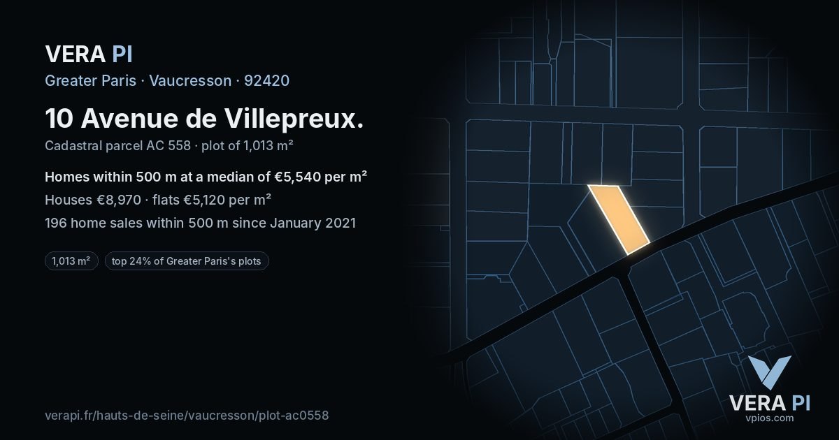 10 Avenue de Villepreux, Vaucresson at night – the plot lit, the parcels around coloured by the prices near them