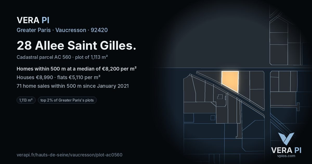 28 Allee Saint Gilles, Vaucresson at night – the plot lit, the parcels around coloured by the prices near them