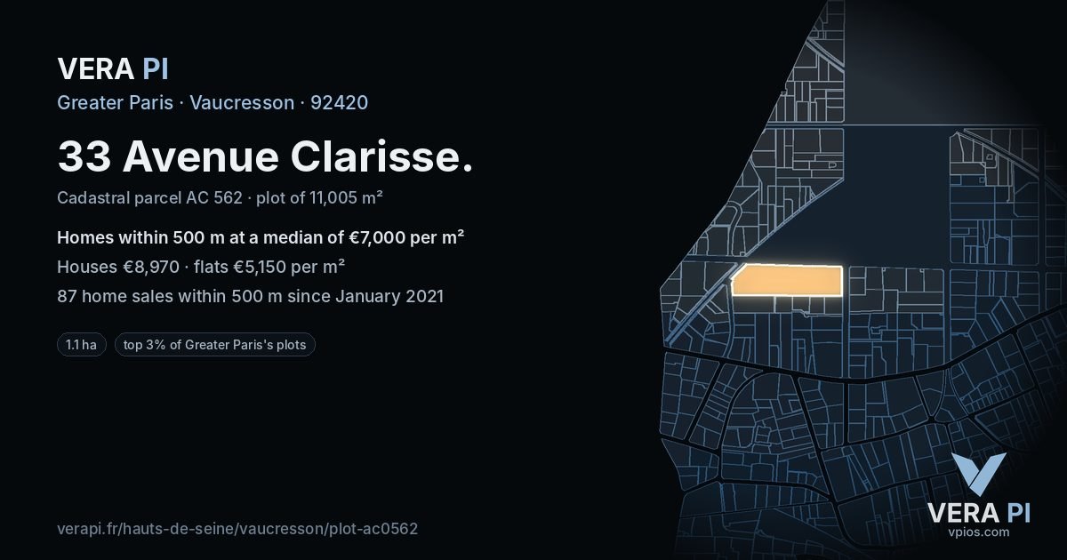 33 Avenue Clarisse, Vaucresson at night – the plot lit, the parcels around coloured by the prices near them
