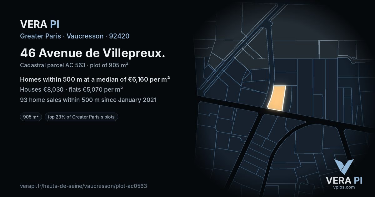 46 Avenue de Villepreux, Vaucresson at night – the plot lit, the parcels around coloured by the prices near them