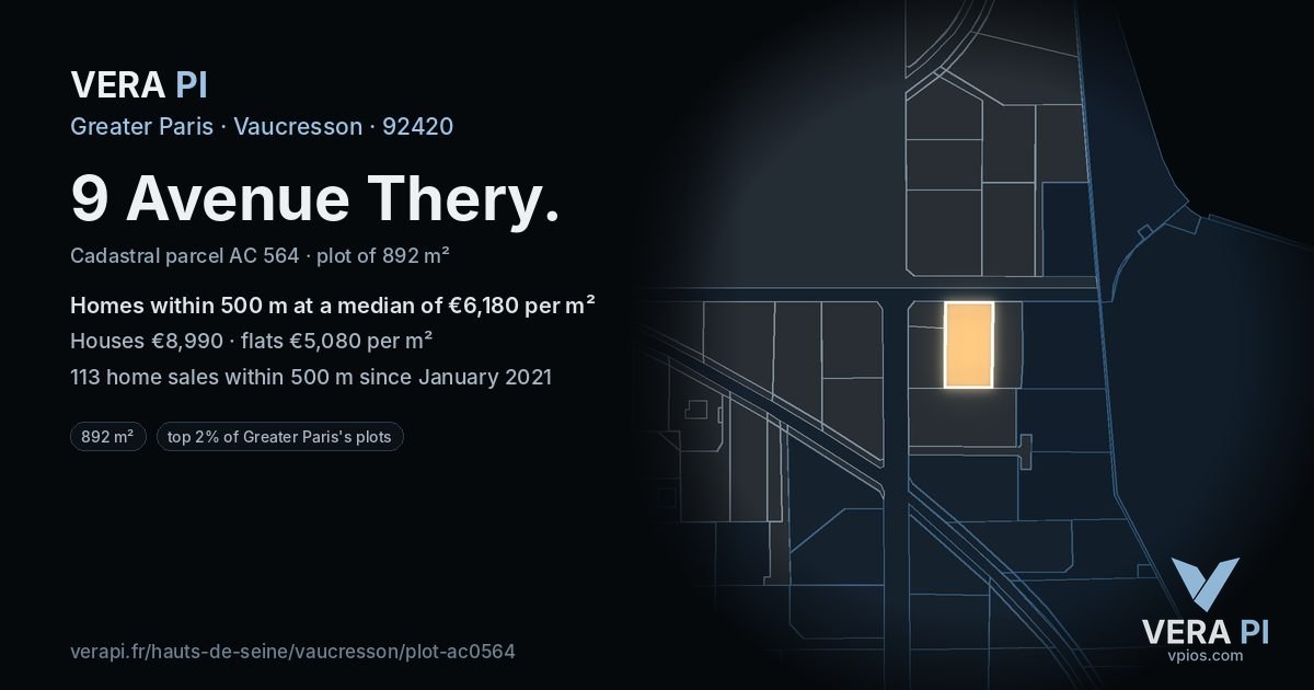 9 Avenue Thery, Vaucresson at night – the plot lit, the parcels around coloured by the prices near them