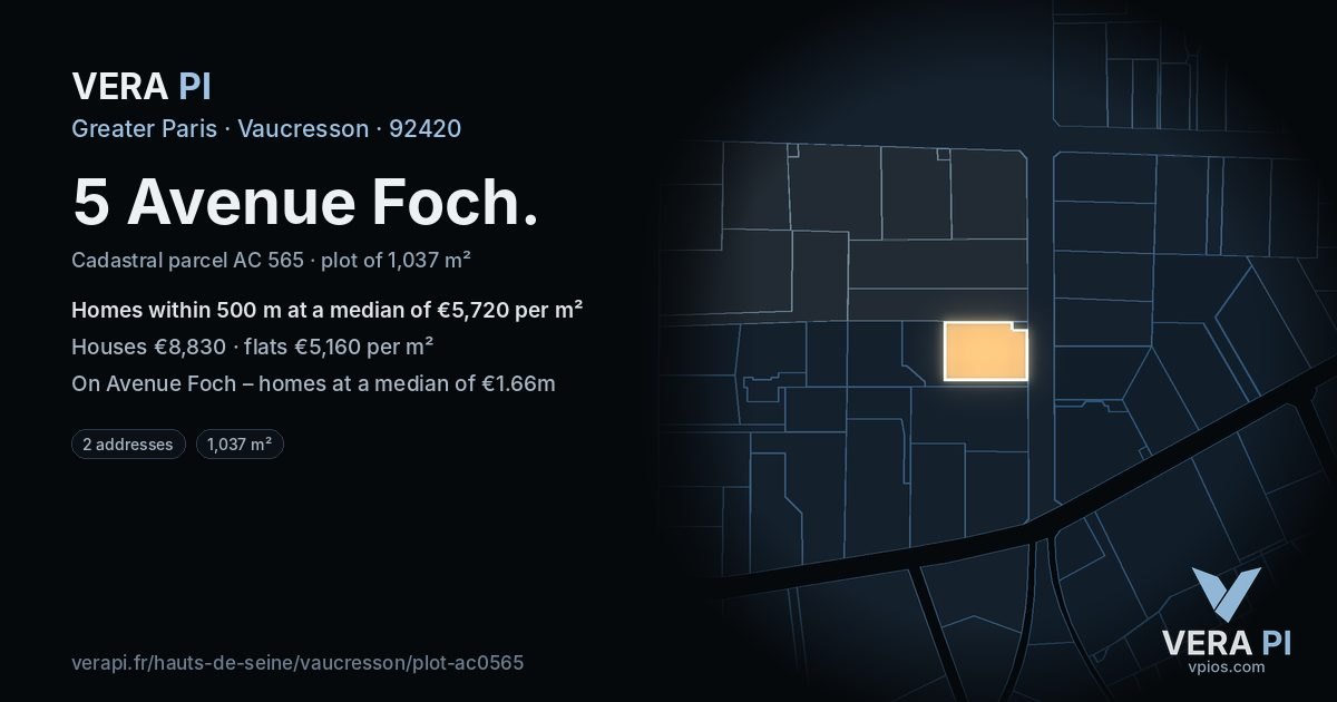 5 Avenue Foch, Vaucresson at night – the plot lit, the parcels around coloured by the prices near them