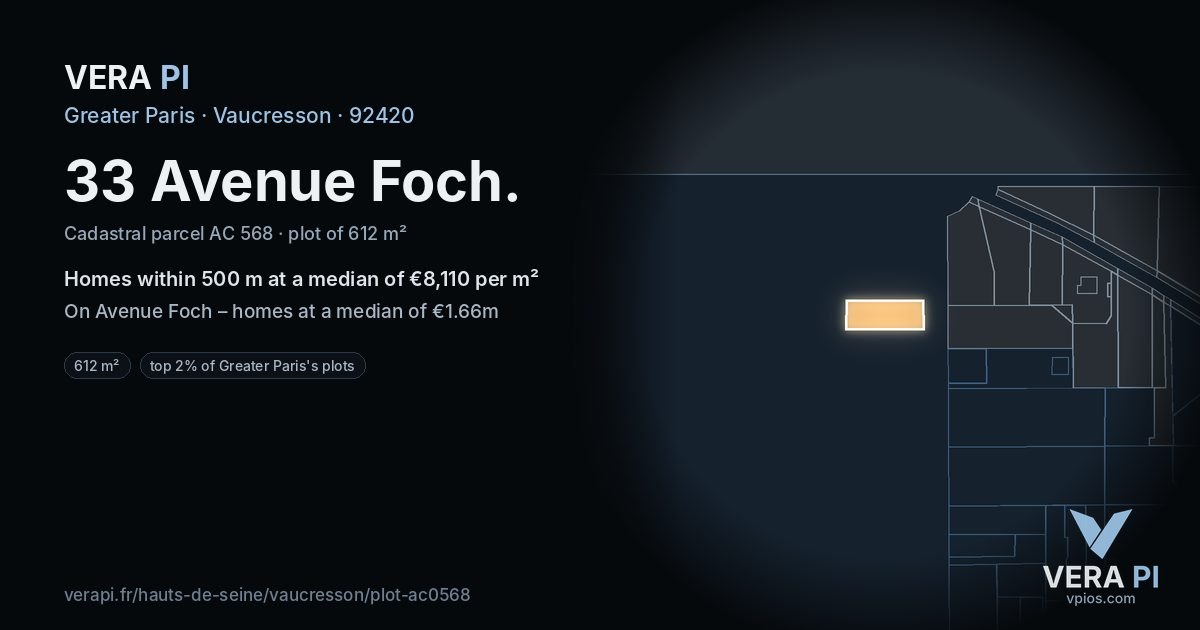 33 Avenue Foch, Vaucresson at night – the plot lit, the parcels around coloured by the prices near them