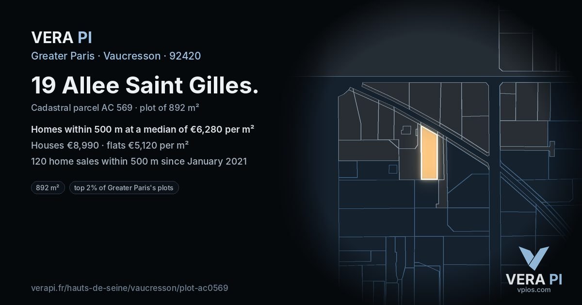 19 Allee Saint Gilles, Vaucresson at night – the plot lit, the parcels around coloured by the prices near them