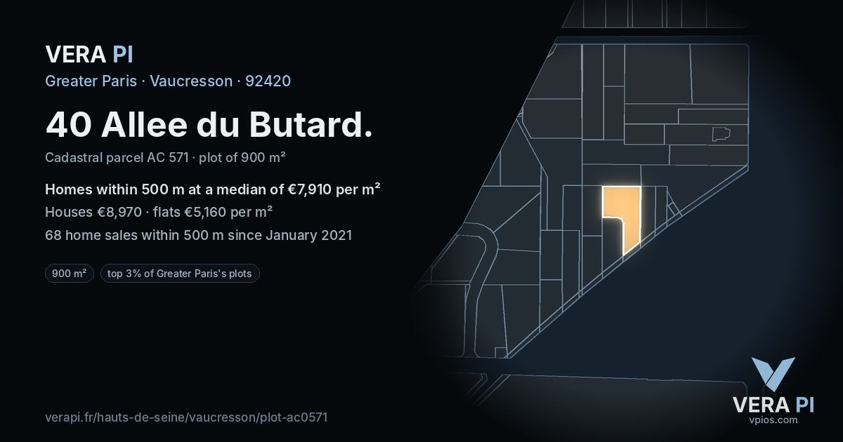 40 Allee du Butard, Vaucresson at night – the plot lit, the parcels around coloured by the prices near them