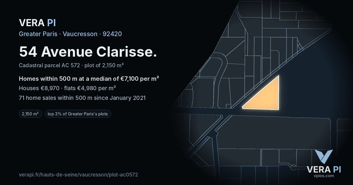 54 Avenue Clarisse, Vaucresson at night – the plot lit, the parcels around coloured by the prices near them