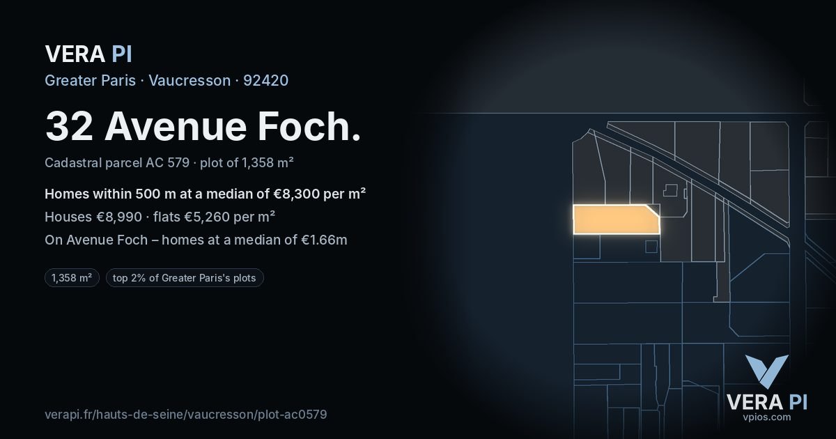 32 Avenue Foch, Vaucresson at night – the plot lit, the parcels around coloured by the prices near them
