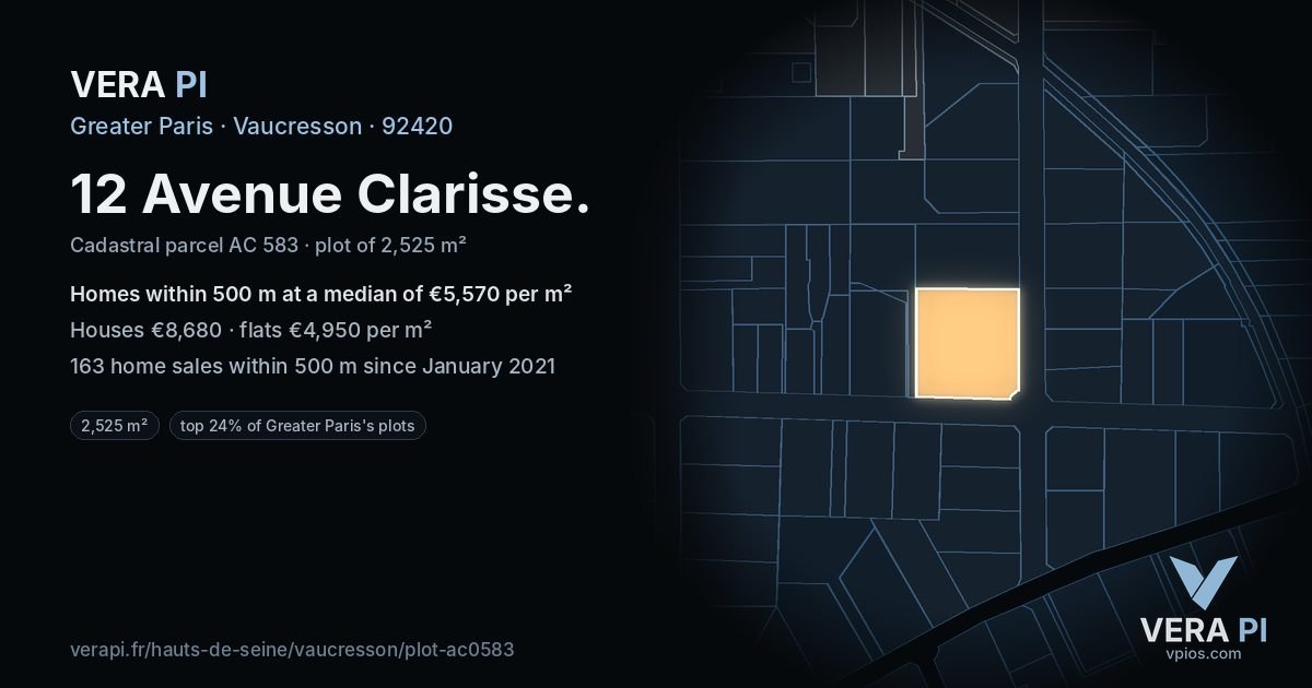 12 Avenue Clarisse, Vaucresson at night – the plot lit, the parcels around coloured by the prices near them