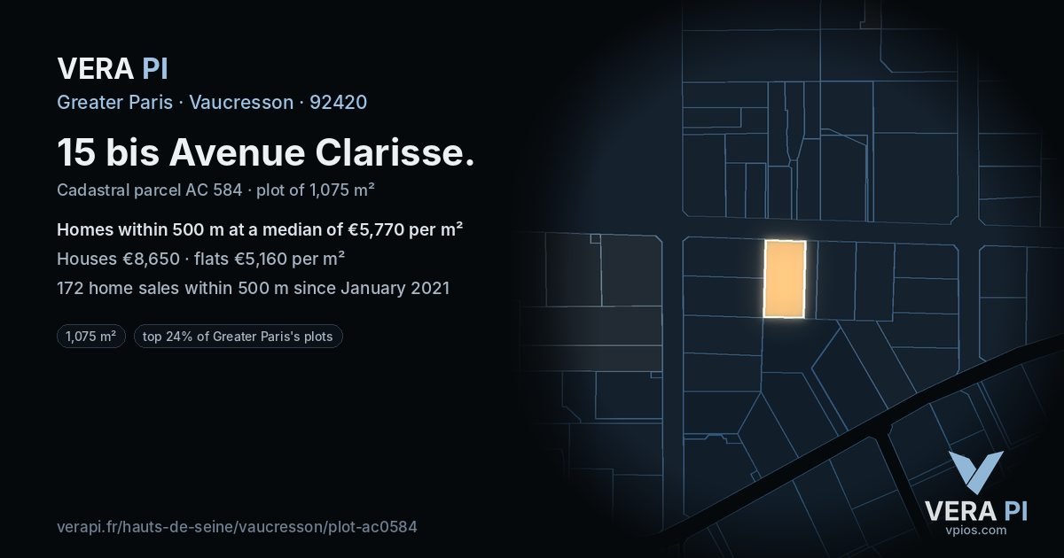 15 bis Avenue Clarisse, Vaucresson at night – the plot lit, the parcels around coloured by the prices near them
