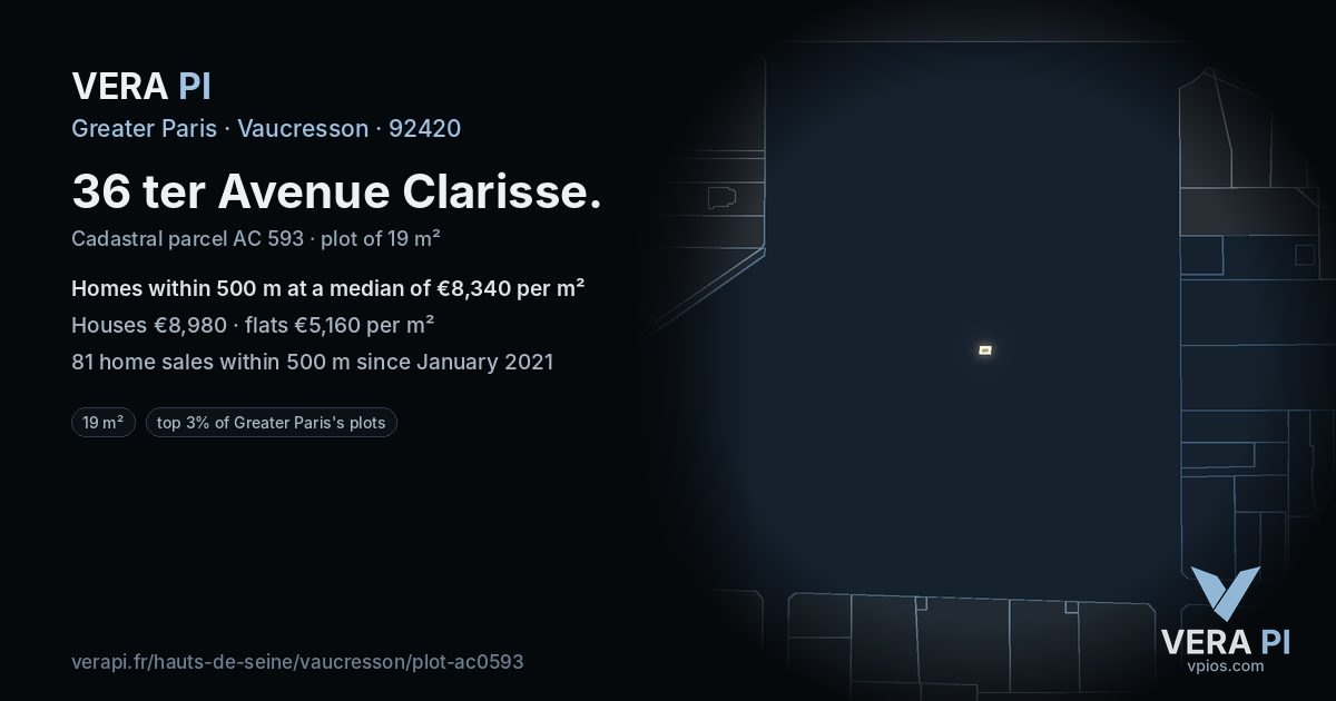 36 ter Avenue Clarisse, Vaucresson at night – the plot lit, the parcels around coloured by the prices near them